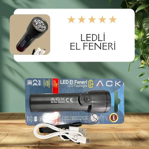 ACK AC06-00231 Led Fener 1W Siyah Gövde 30cm Mikro Usb Kablolu - 2