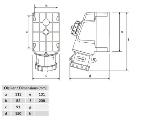Bemis BC1-3505-7537 CEE Norm IP67 32A 90° Eğik 1/16A. Mak. Prizli Duvar Prizi - 2