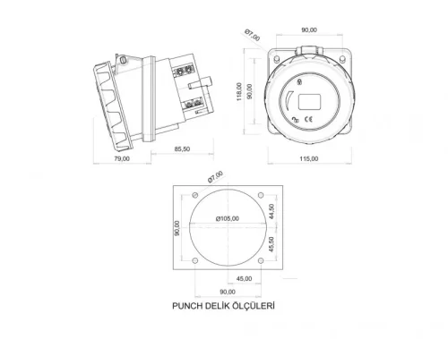 Bemis BC3-6505-7420 CEE Norm IP67 125A 45° Eğik Makine Priz (Pilotlu) - 2