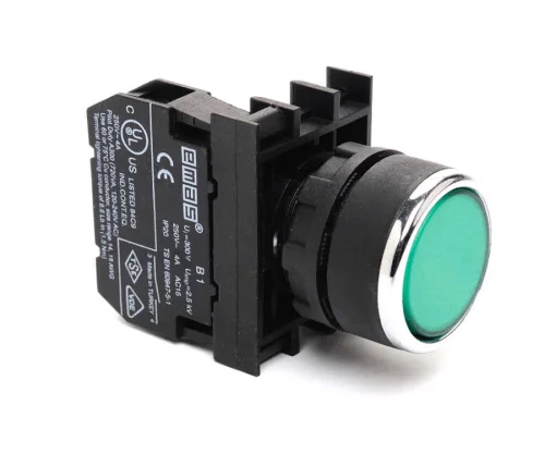 Emas B102DY Plastik 1NO+1NC Yaylı Düz Yeşil 22 mm Buton - 1