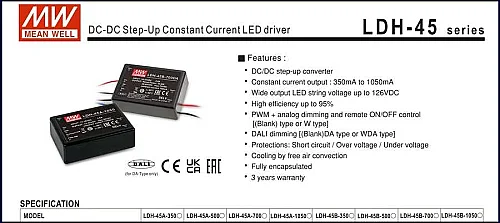 Meanwell Ldh-45B-350 Dc Giriş Sabit Akım Led Dsürücü Solar Akü Beslemeli İn 18-32VDC Out21-126VDC 350Ma Step-Up - 5