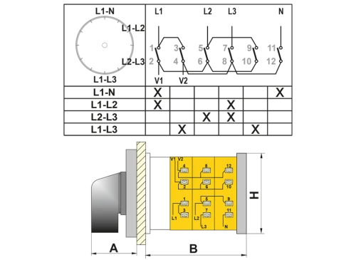 OPAŞ 3V5 010 - 3X10A 49X49 3 Faz 4 Poz (Ln-Ll) Voltmetre Komütatörü - 2