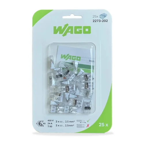 Wago 25'li Paket 2273-202 2 İletkenli 2X2,5 mm² Tek Damarlı İletkenler İçin Buat Klemens - 1