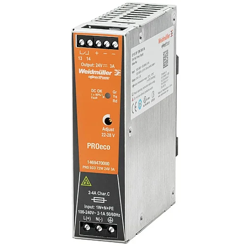 Weidmüller 1469470000 PRO ECO 72W 24V 3A 72W 24V 3A PROeco Anahtarlamalı Tek Faz Güç Kaynağı - 1
