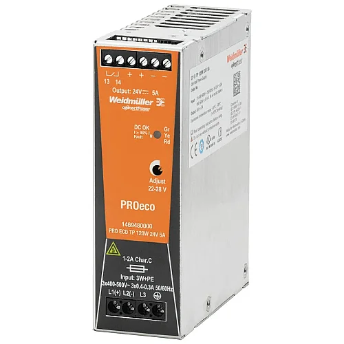 Weidmüller 1469480000 PRO ECO 120W 24V 5A 120W 24V 5A PROeco Anahtarlamalı Tek Faz Güç Kaynağı - 1